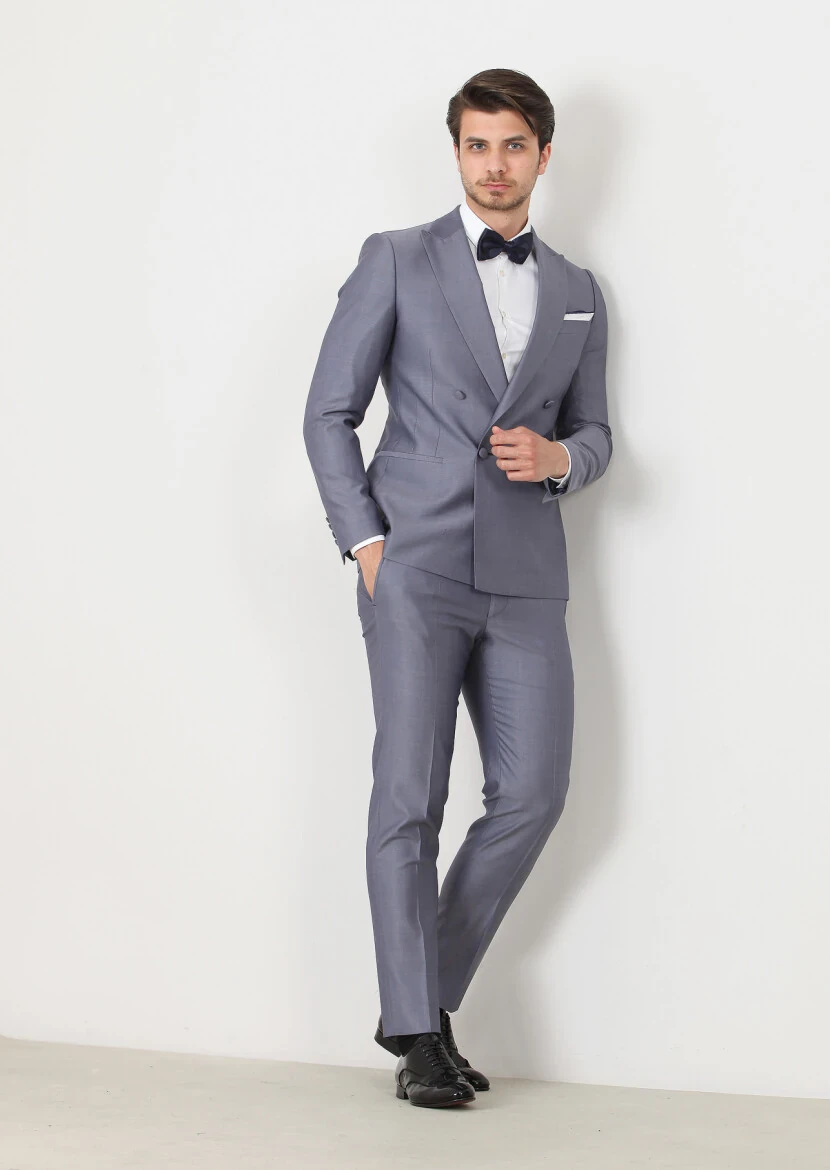 Blue Plain Fashion Slim Fit Double Breasted Collar Weaving Tuxedo - 2