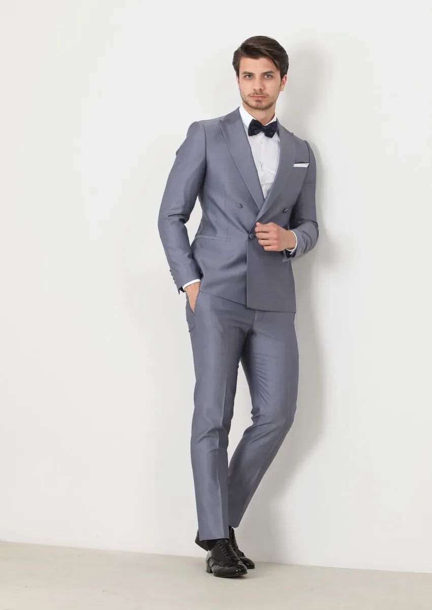 Blue Plain Fashion Slim Fit Double Breasted Collar Weaving Tuxedo - 2