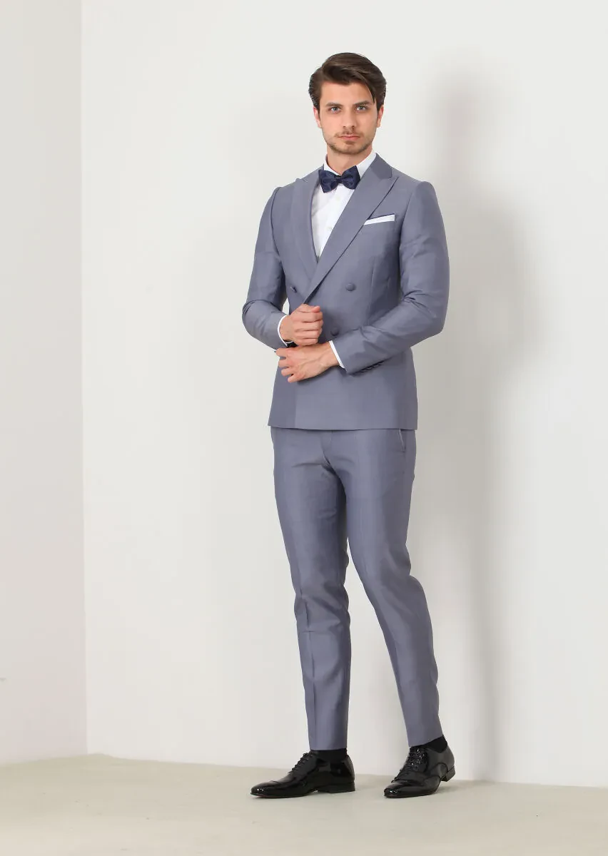 Blue Plain Fashion Slim Fit Double Breasted Collar Weaving Tuxedo - 4