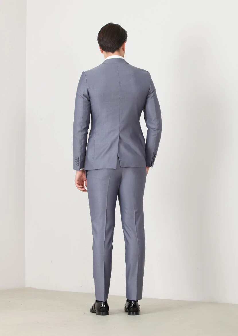 Blue Plain Fashion Slim Fit Double Breasted Collar Weaving Tuxedo - 6