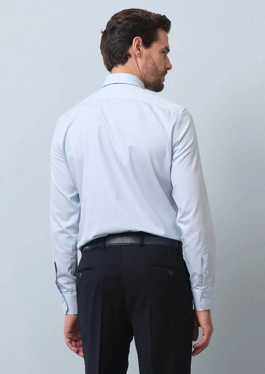 Blue Plain Fitted Fit Weaving Classical Cotton Blended Shirt - 5