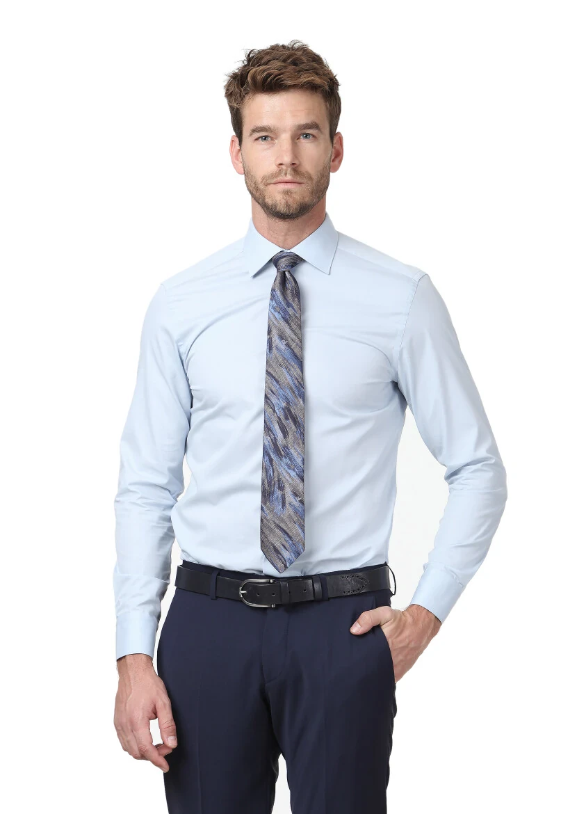 Blue Plain Fitted Fit Weaving Classical Cotton Blended Shirt - RAMSEY