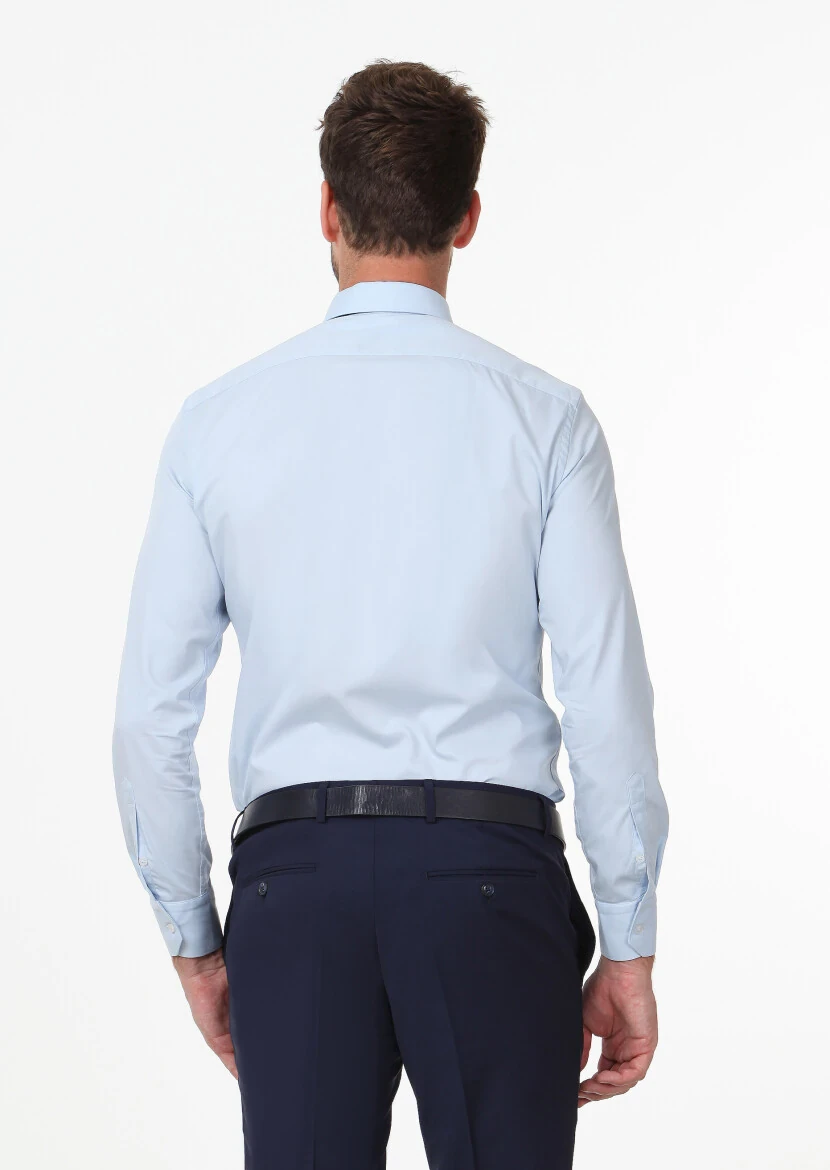 Blue Plain Fitted Fit Weaving Classical Cotton Blended Shirt - 4