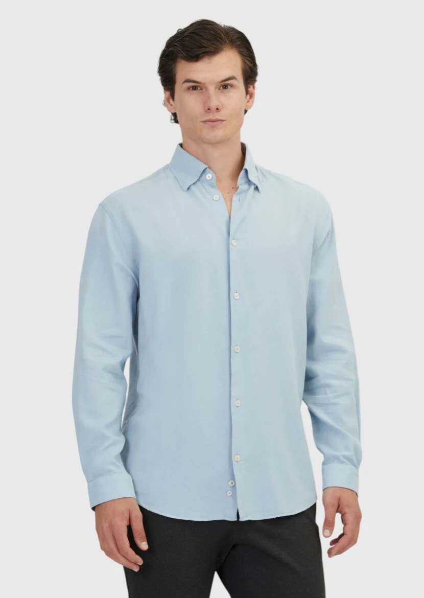 Blue Plain Loose Fit Weaving Casual Wool Blended Shirt - RAMSEY