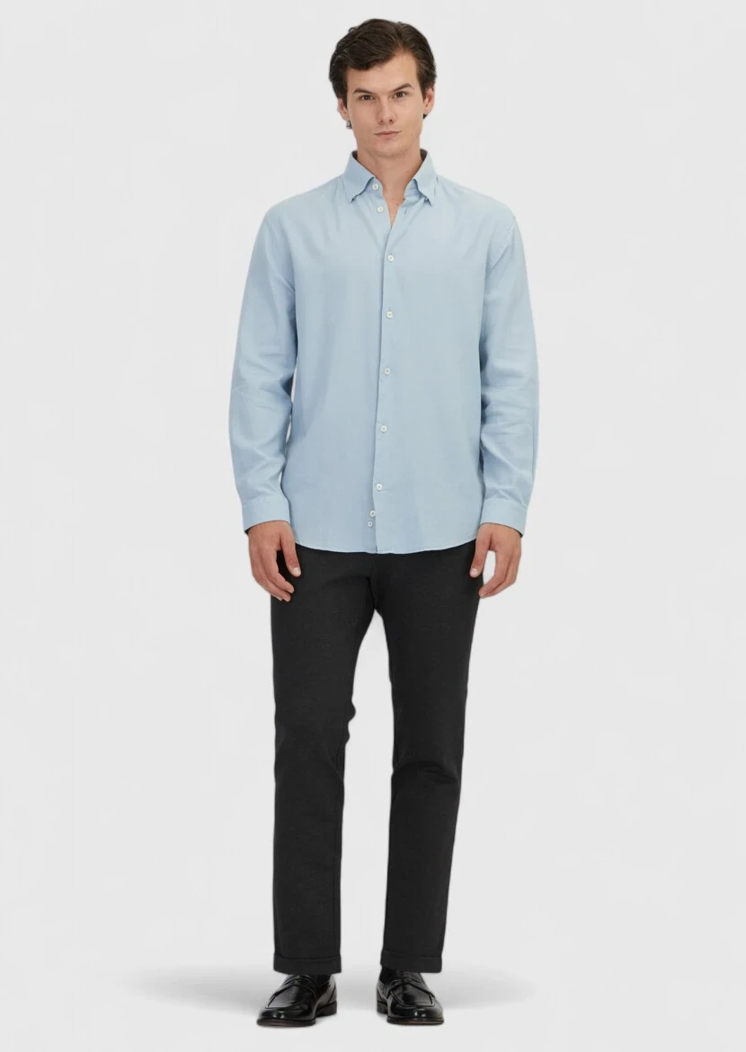 Blue Plain Loose Fit Weaving Casual Wool Blended Shirt - RAMSEY