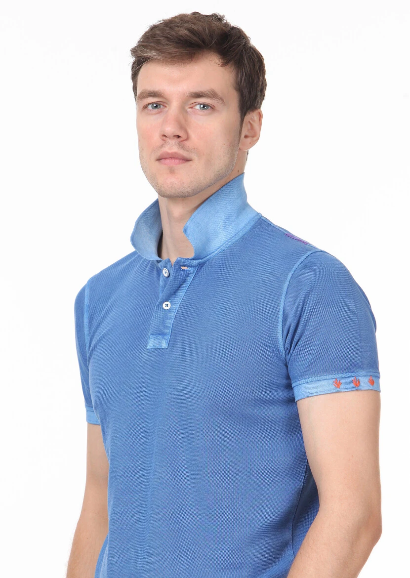 Blue Plain Polo Neck 100% Cotton T-Shirt - 2