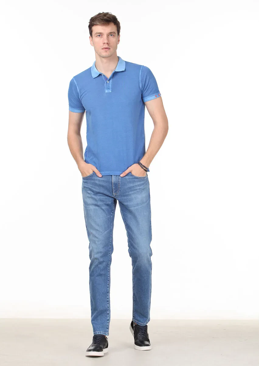 Blue Plain Polo Neck 100% Cotton T-Shirt - 3