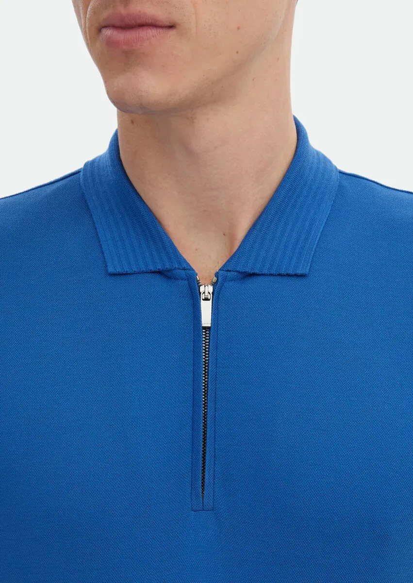 Blue Plain Polo Neck 100% Cotton T-Shirt - 4