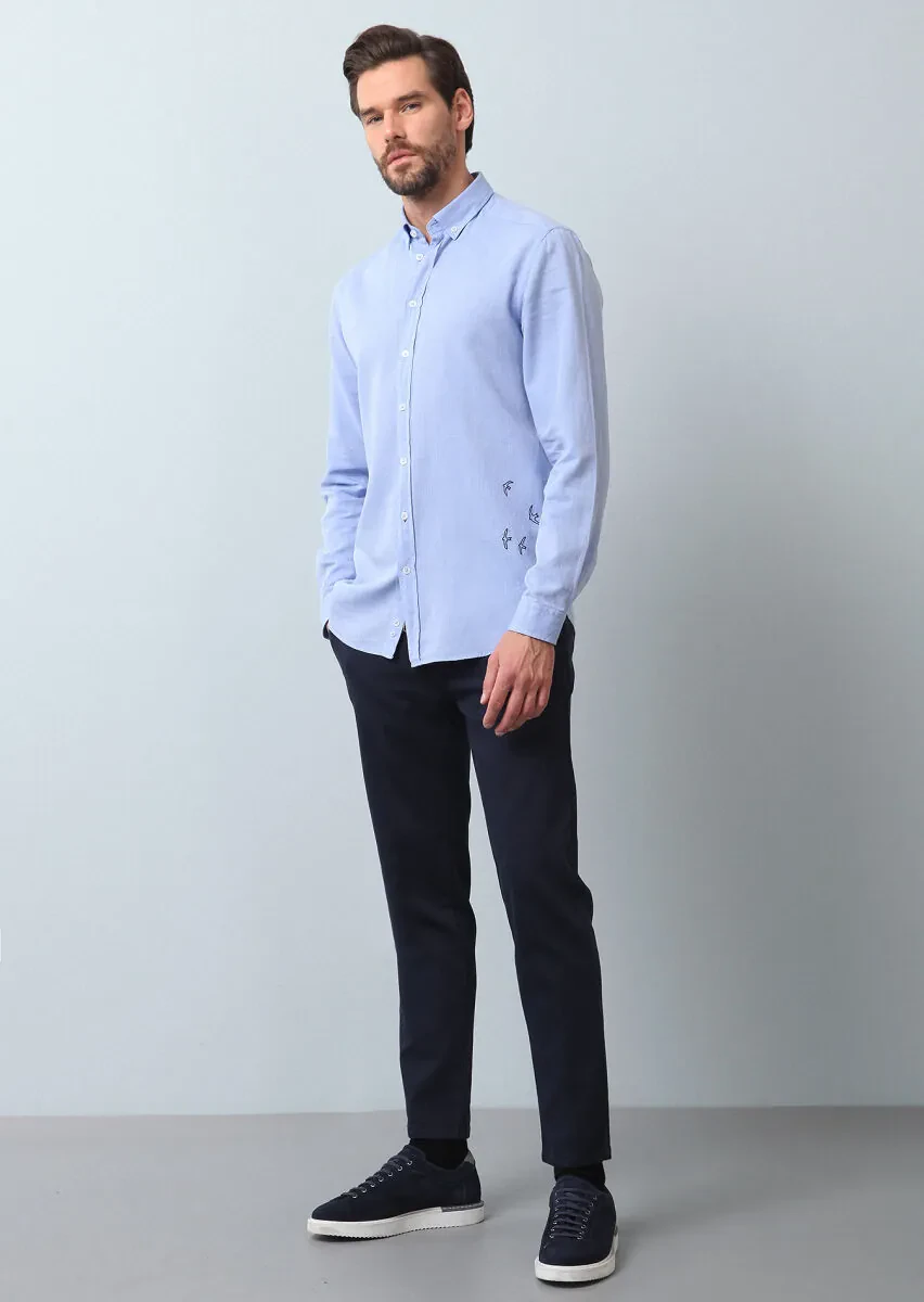 Blue Plain Regular Fit Weaving Casual 100% Cotton Shirt - 3