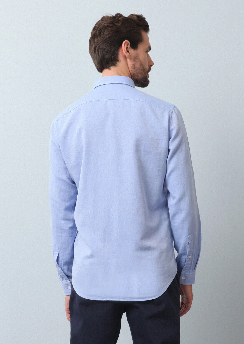 Blue Plain Regular Fit Weaving Casual 100% Cotton Shirt - 5
