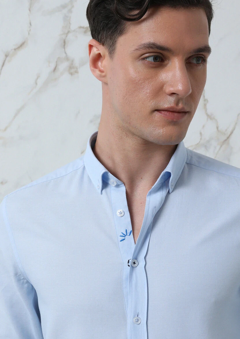 Blue Plain Regular Fit Weaving Casual 100% Cotton Shirt - 1