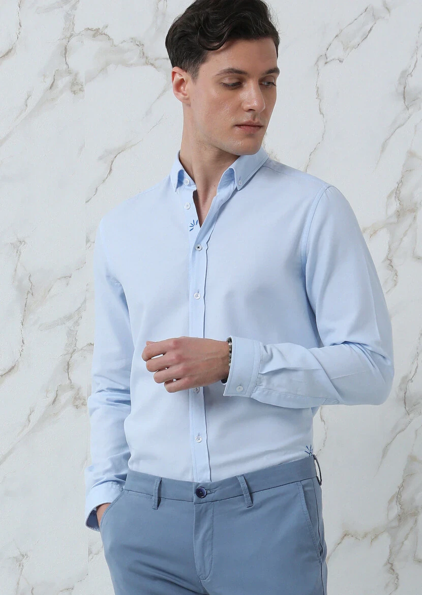 Blue Plain Regular Fit Weaving Casual 100% Cotton Shirt - 2