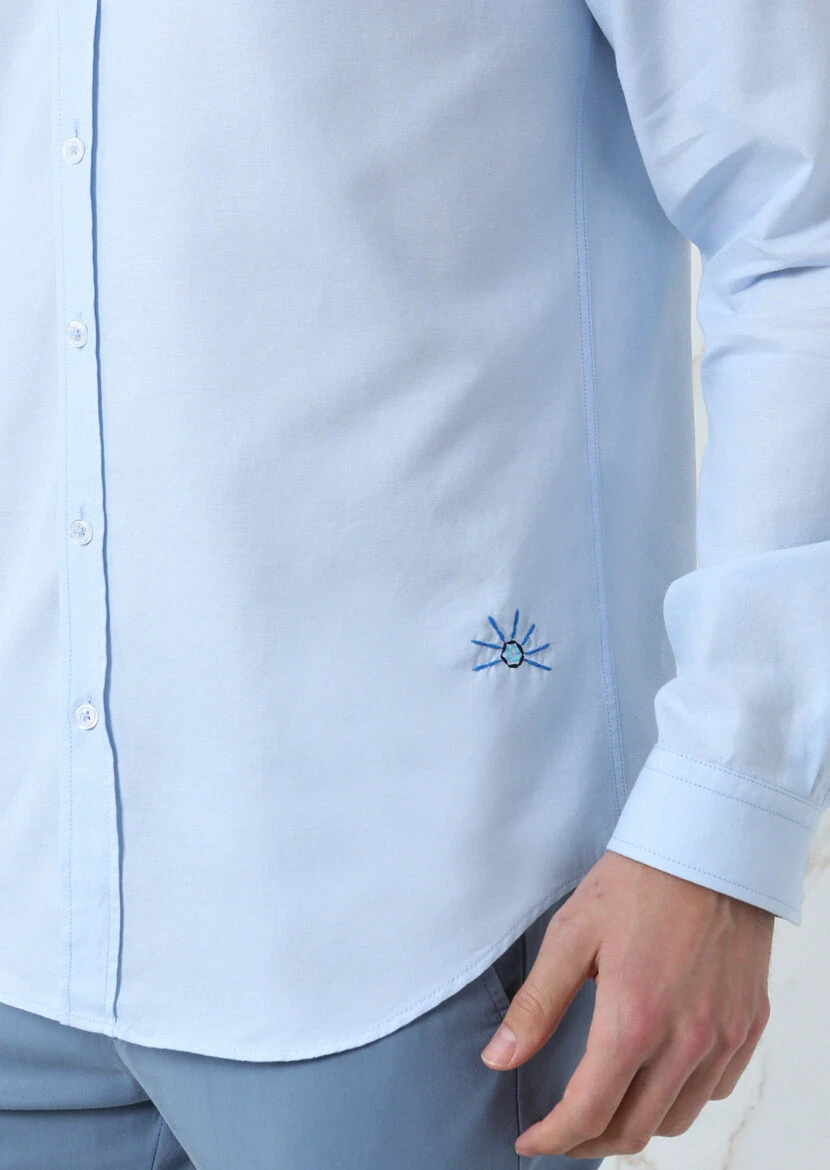 Blue Plain Regular Fit Weaving Casual 100% Cotton Shirt - 3