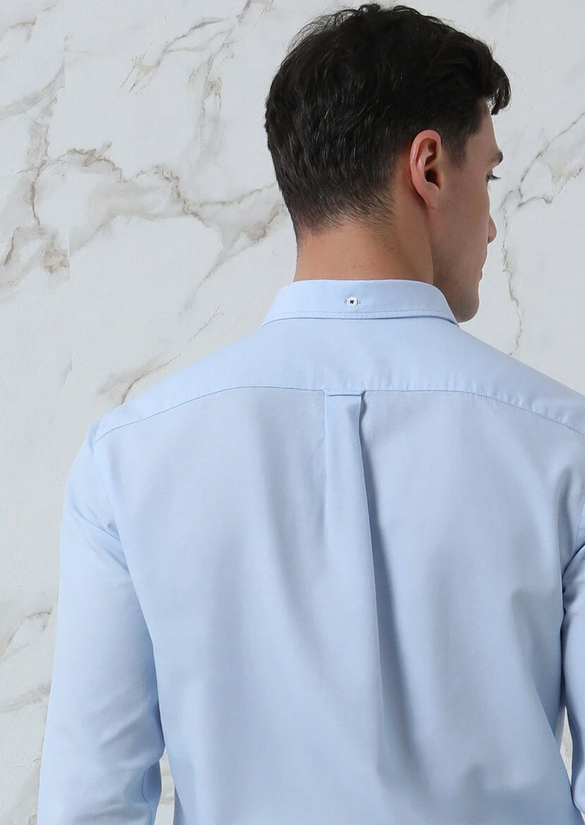 Blue Plain Regular Fit Weaving Casual 100% Cotton Shirt - 5