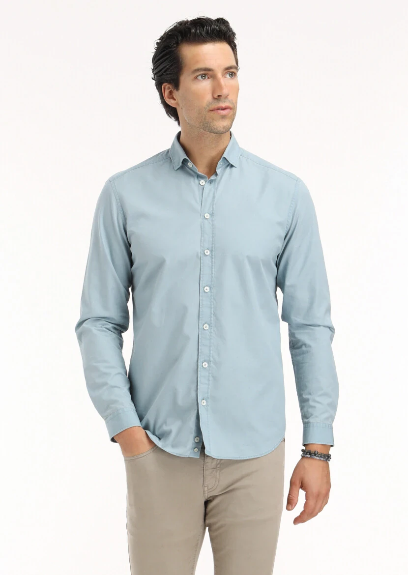 Blue Plain Regular Fit Weaving Casual 100% Cotton Shirt 