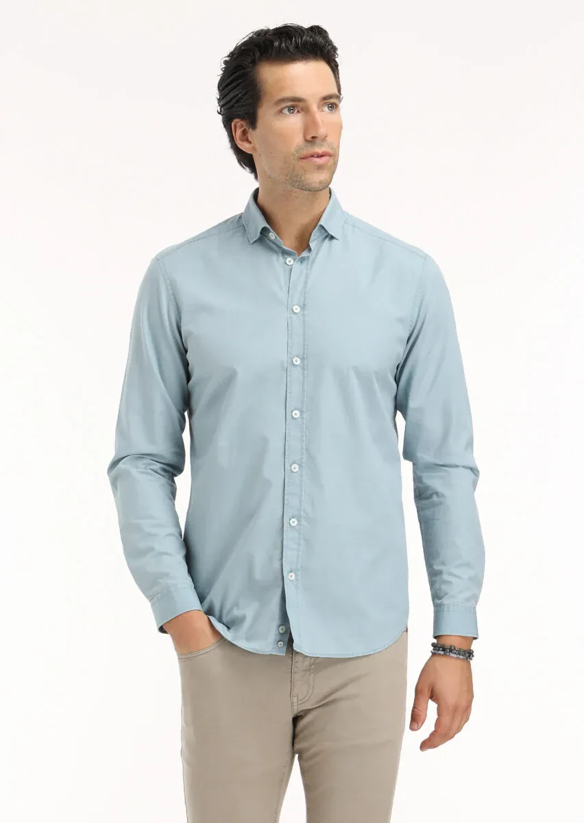 Blue Plain Regular Fit Weaving Casual 100% Cotton Shirt - 2