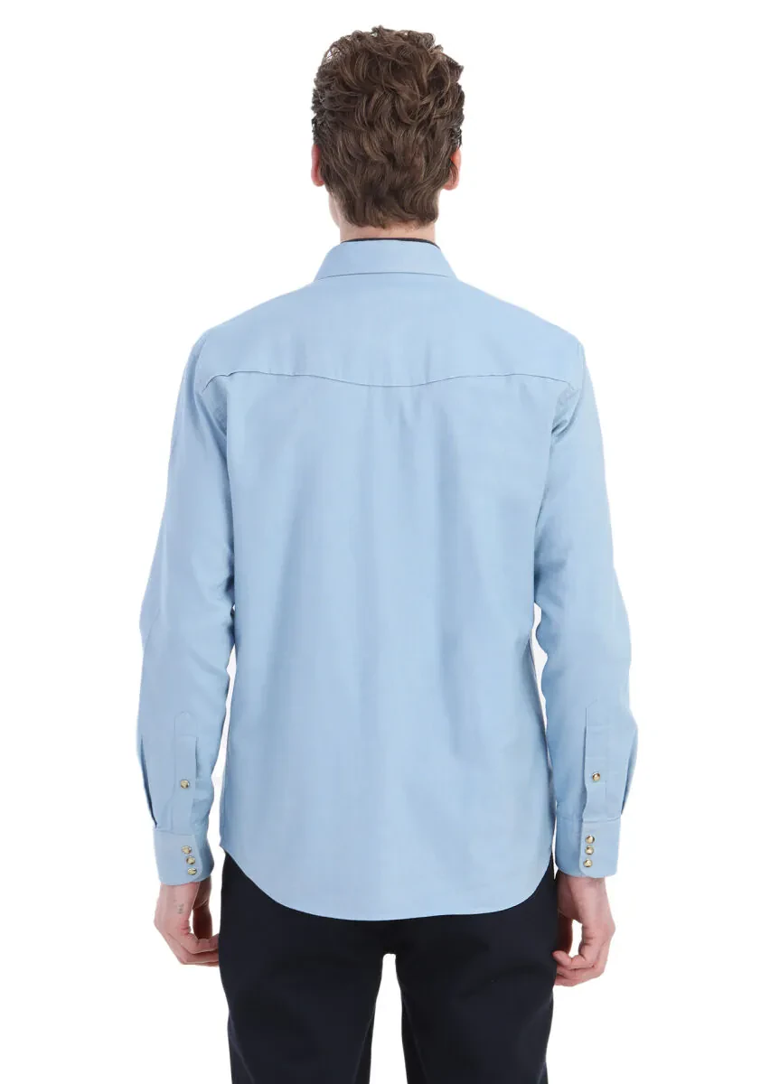 Blue Plain Regular Fit Weaving Casual 100% Cotton Shirt - 5