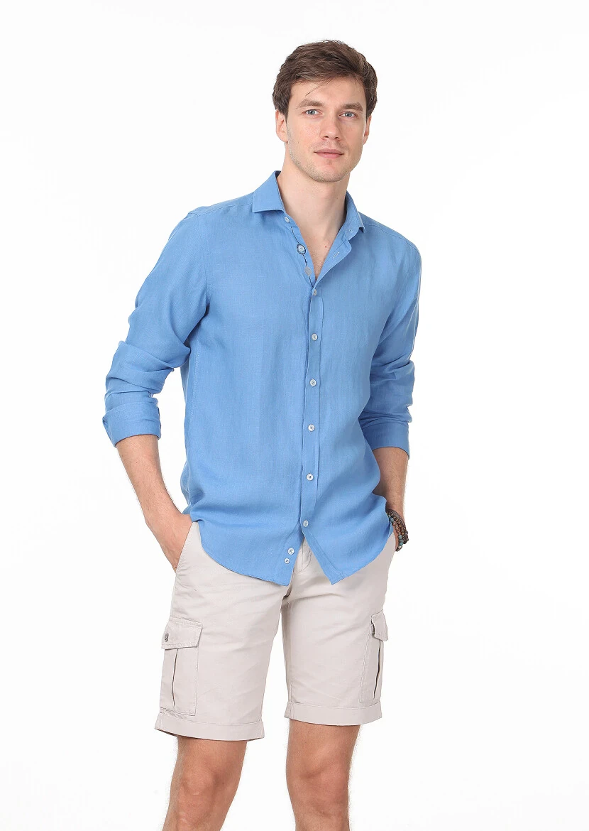 Blue Plain Regular Fit Weaving Casual Cotton Blended Shirt - 1