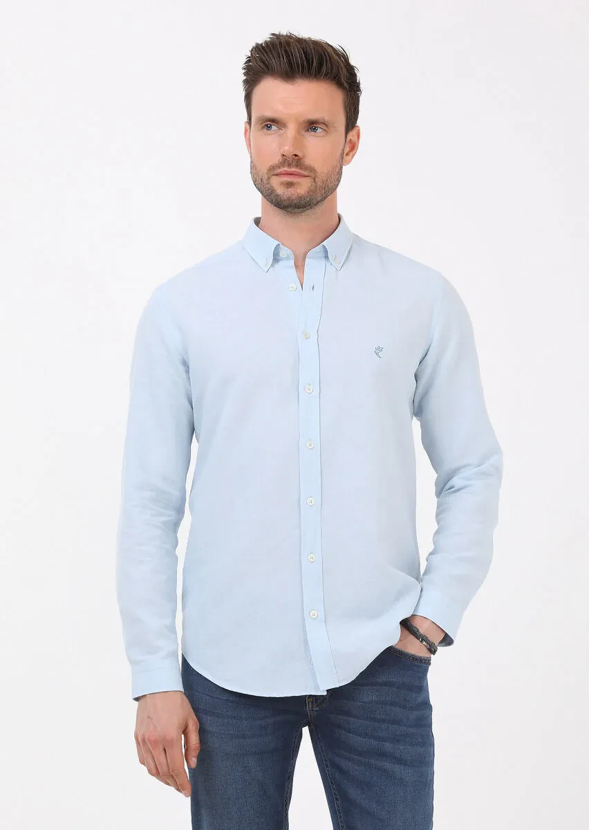 Blue Plain Regular Fit Weaving Casual Cotton Blended Shirt - 1