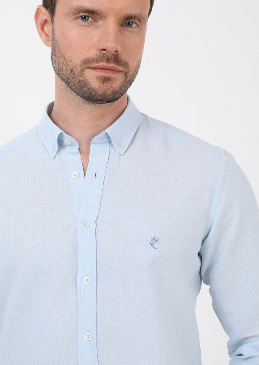 Blue Plain Regular Fit Weaving Casual Cotton Blended Shirt - 3