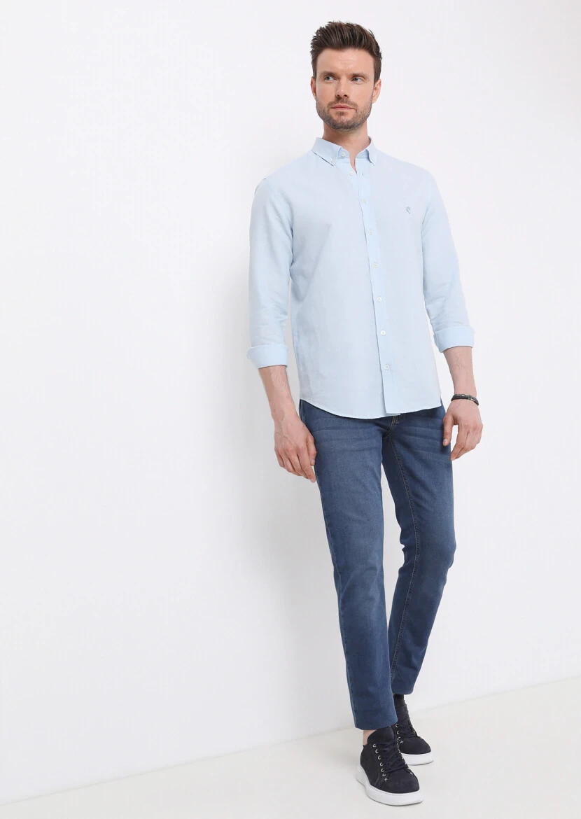 Blue Plain Regular Fit Weaving Casual Cotton Blended Shirt - 4
