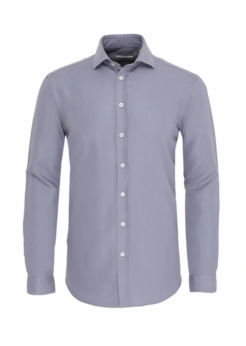 Blue Plain Regular Fit Weaving Casual Cotton Blended Shirt - 1