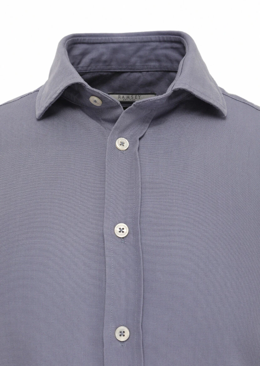 Blue Plain Regular Fit Weaving Casual Cotton Blended Shirt - 2