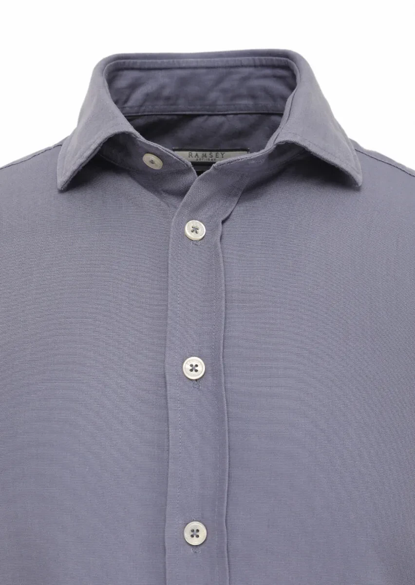 Blue Plain Regular Fit Weaving Casual Cotton Blended Shirt - 2