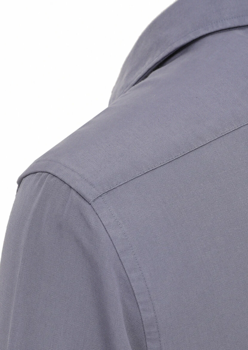 Blue Plain Regular Fit Weaving Casual Cotton Blended Shirt - 3