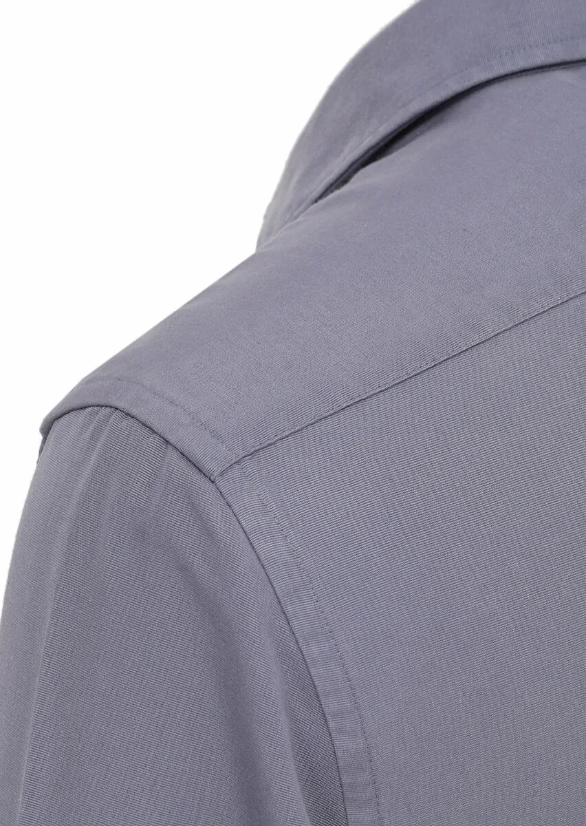 Blue Plain Regular Fit Weaving Casual Cotton Blended Shirt - 3