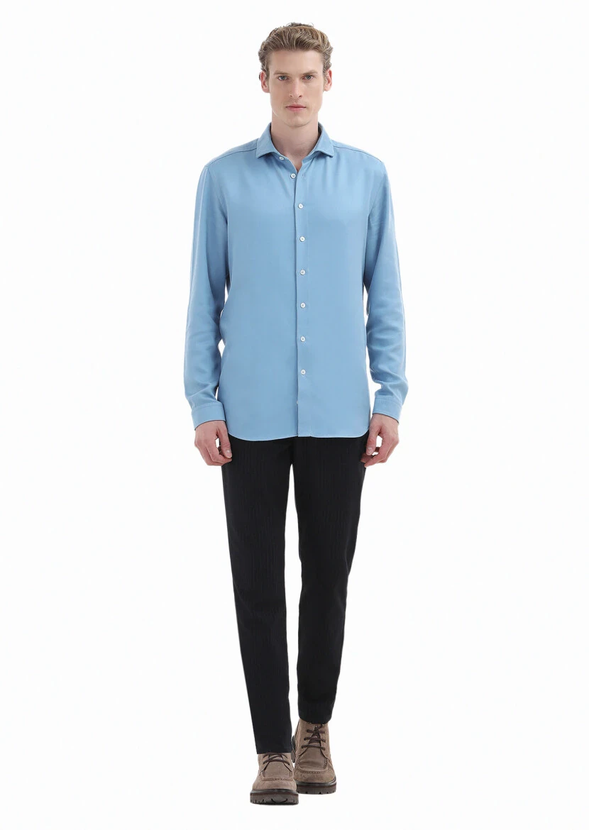 Blue Plain Regular Fit Weaving Casual Shirt 