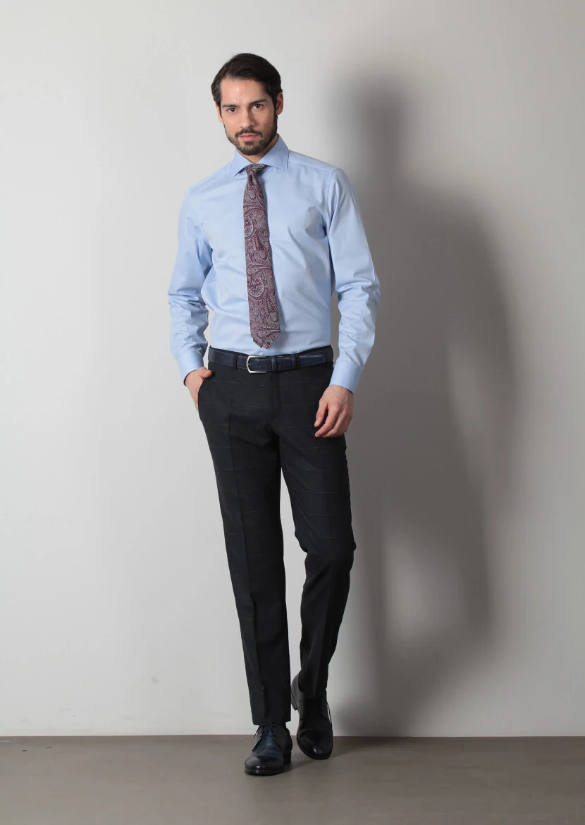 Blue Plain Regular Fit Weaving Classical 100% Cotton Shirt - 1