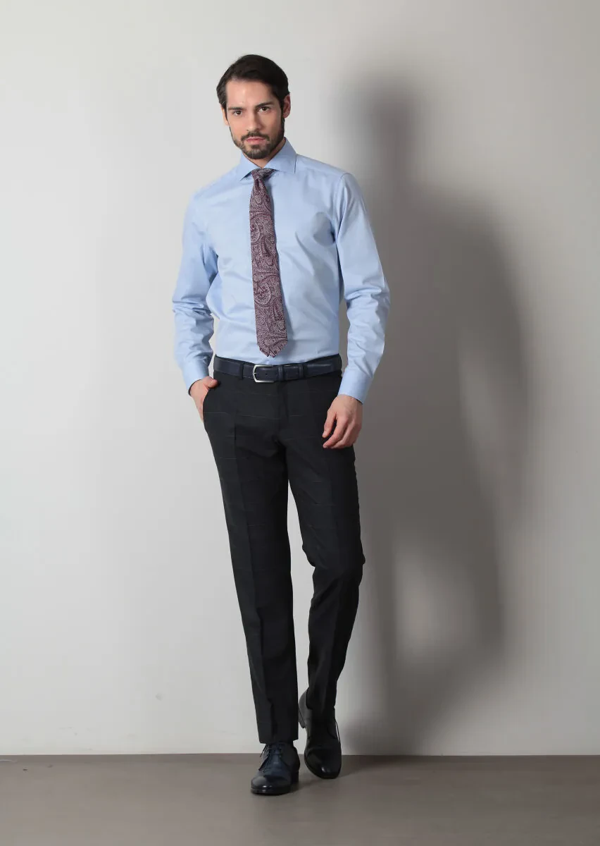 Blue Plain Regular Fit Weaving Classical 100% Cotton Shirt - 1