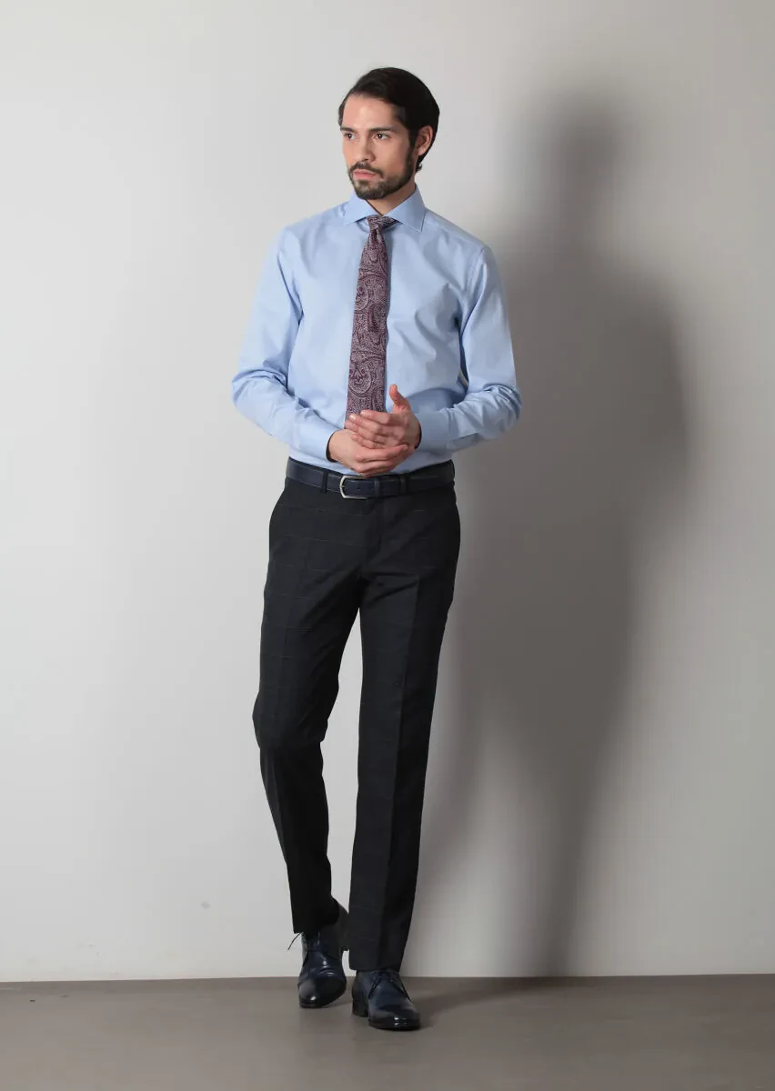 Blue Plain Regular Fit Weaving Classical 100% Cotton Shirt - 2