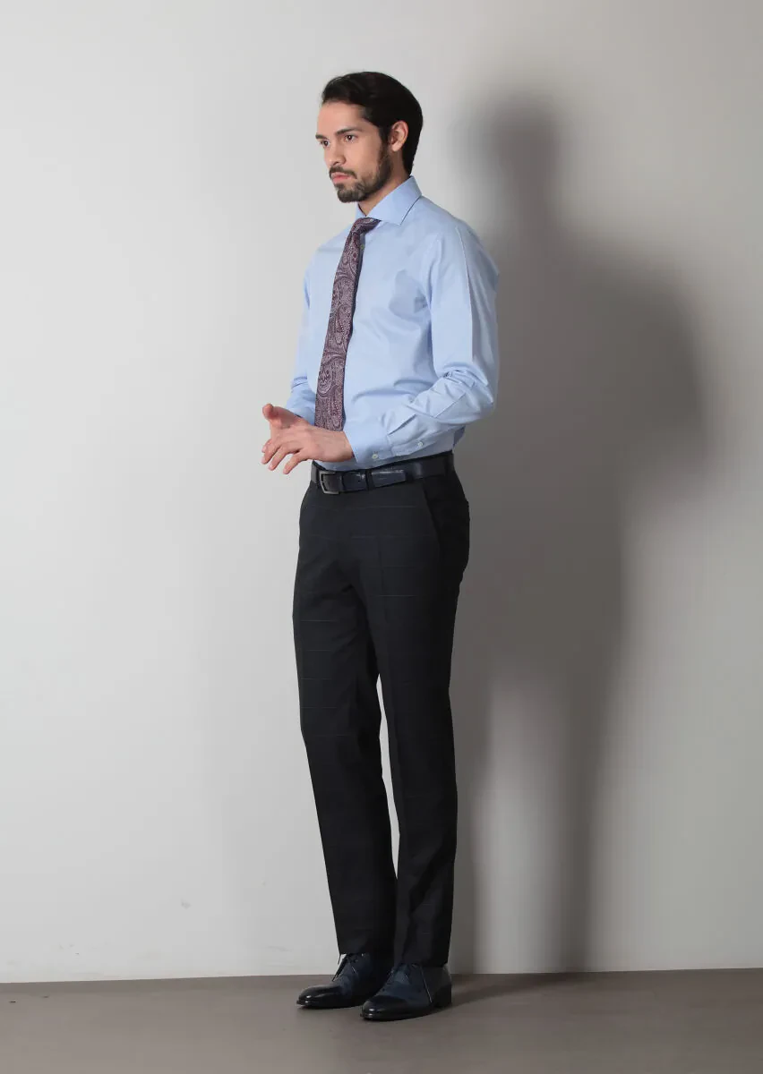 Blue Plain Regular Fit Weaving Classical 100% Cotton Shirt - 3