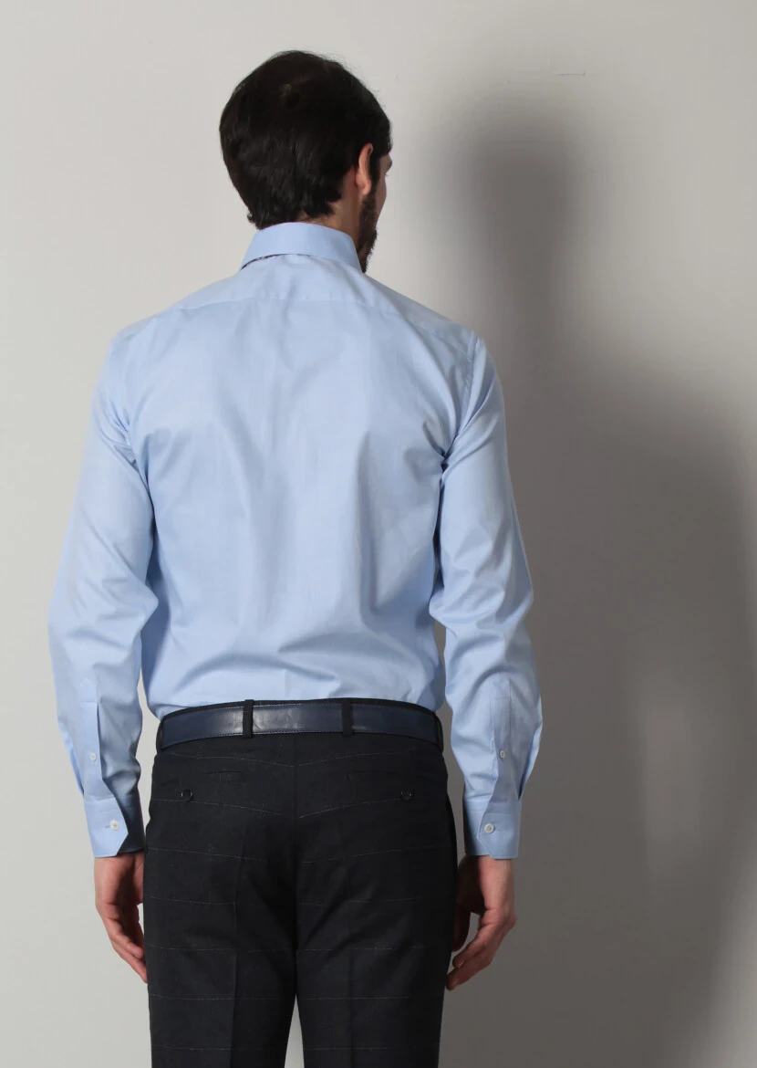 Blue Plain Regular Fit Weaving Classical 100% Cotton Shirt - 5