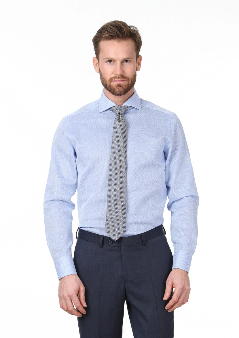 Blue Plain Regular Fit Weaving Classical 100% Cotton Shirt - 1