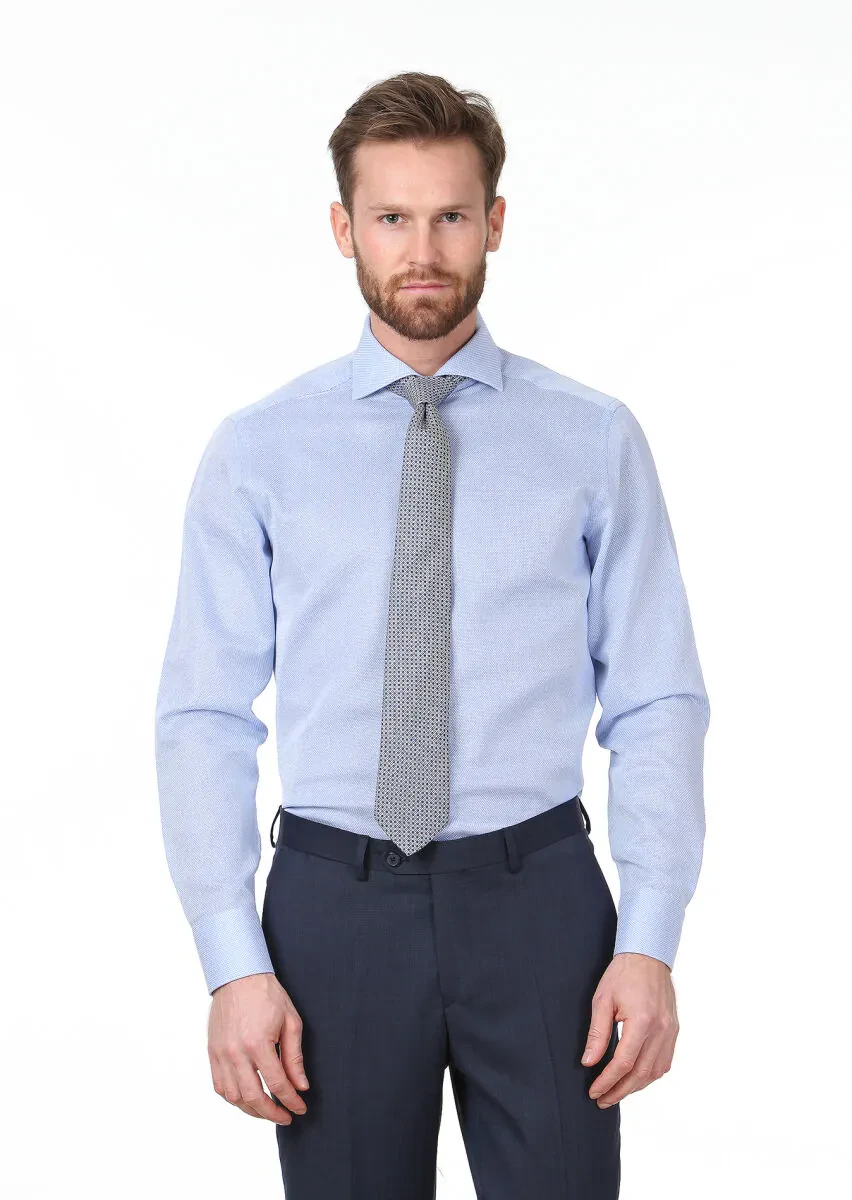 Blue Plain Regular Fit Weaving Classical 100% Cotton Shirt - 1