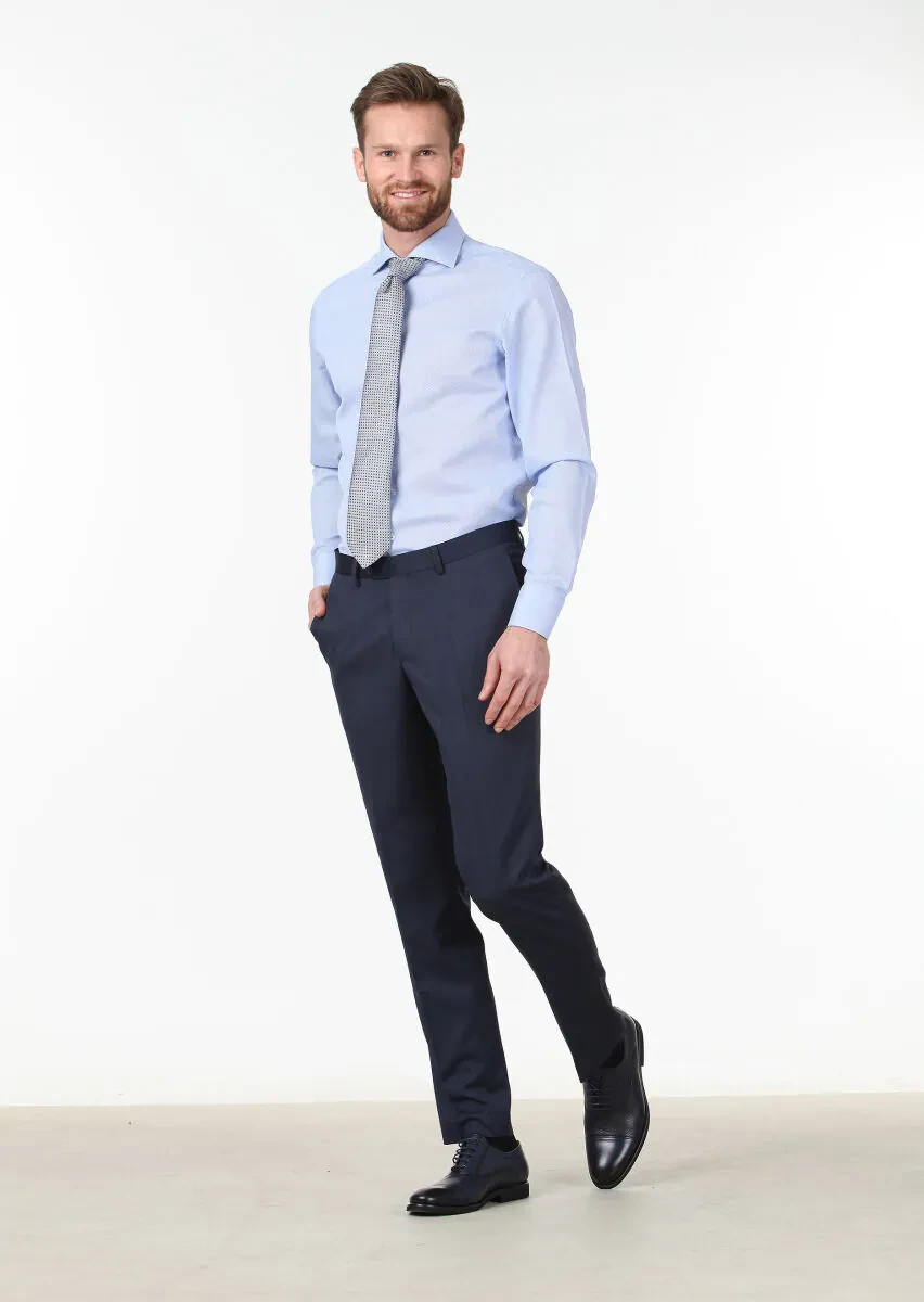 Blue Plain Regular Fit Weaving Classical 100% Cotton Shirt - 2