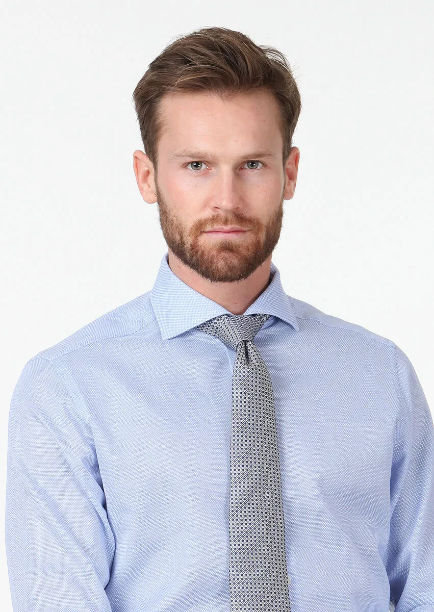 Blue Plain Regular Fit Weaving Classical 100% Cotton Shirt - 3