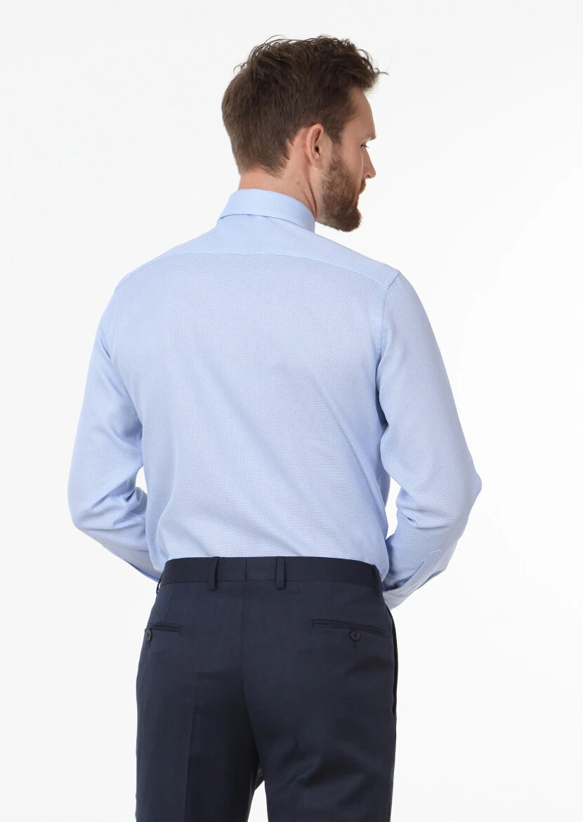 Blue Plain Regular Fit Weaving Classical 100% Cotton Shirt - 4