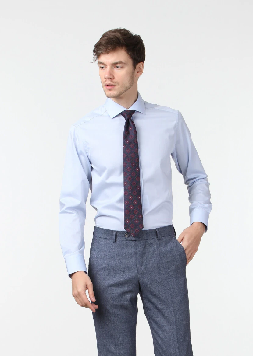 Blue Plain Regular Fit Weaving Classical 100% Cotton Shirt - 1