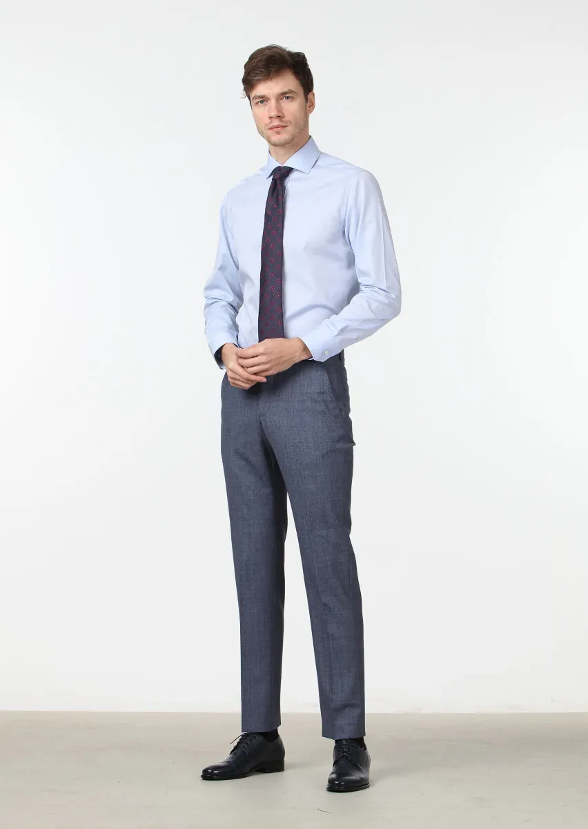 Blue Plain Regular Fit Weaving Classical 100% Cotton Shirt - 2