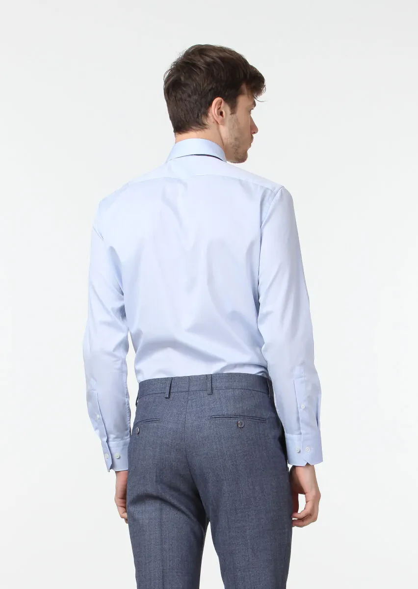 Blue Plain Regular Fit Weaving Classical 100% Cotton Shirt - 4