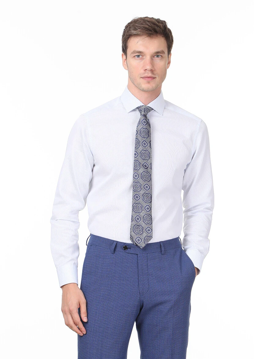 Blue Plain Regular Fit Weaving Classical 100% Cotton Shirt - 1