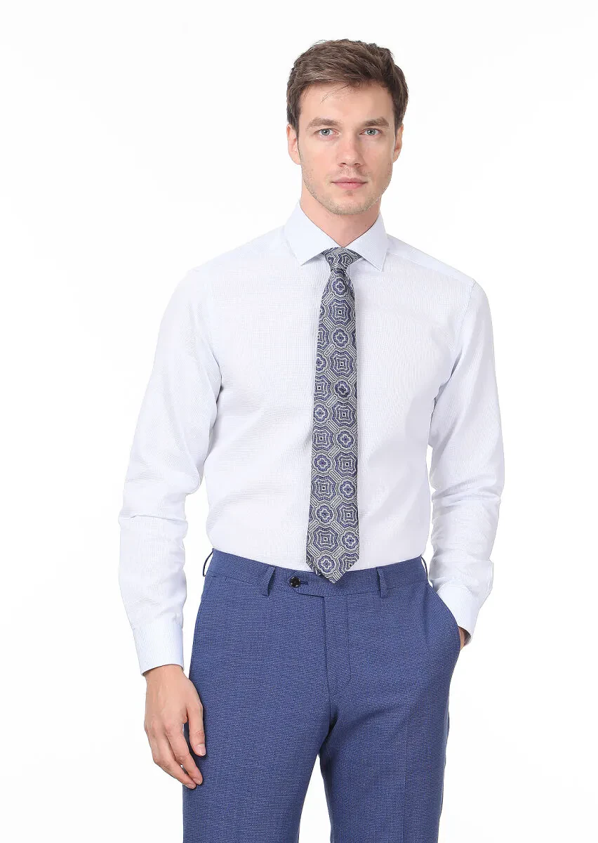 Blue Plain Regular Fit Weaving Classical 100% Cotton Shirt - 1