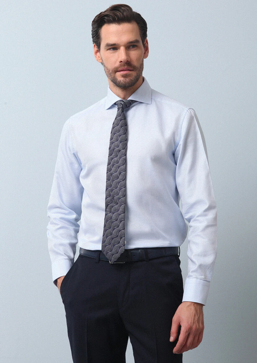 Blue Plain Regular Fit Weaving Classical 100% Cotton Shirt - 1