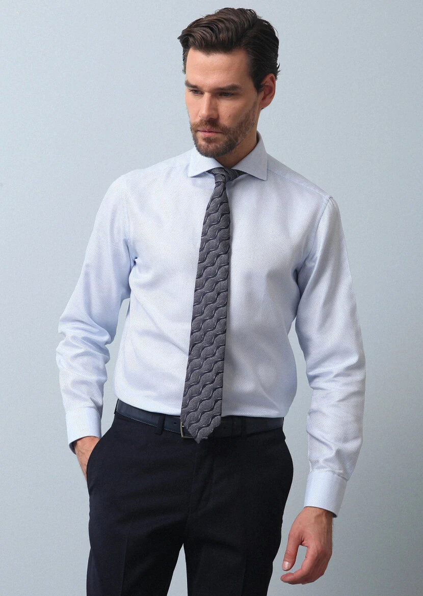 Blue Plain Regular Fit Weaving Classical 100% Cotton Shirt - 3