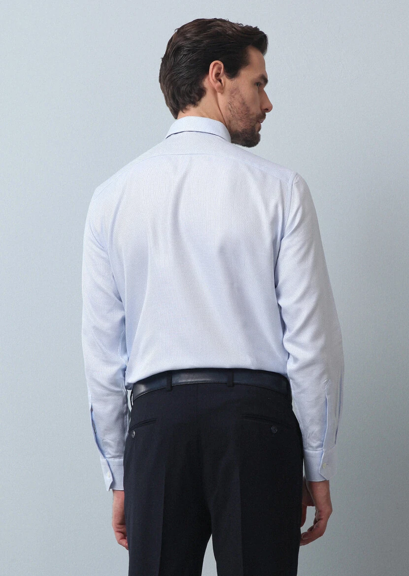 Blue Plain Regular Fit Weaving Classical 100% Cotton Shirt - 5