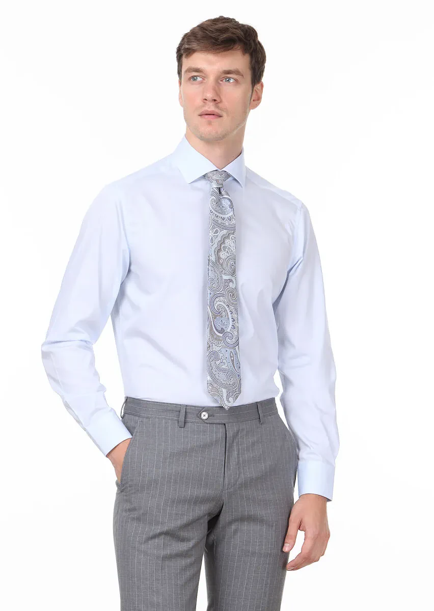 Blue Plain Regular Fit Weaving Classical 100% Cotton Shirt - 1